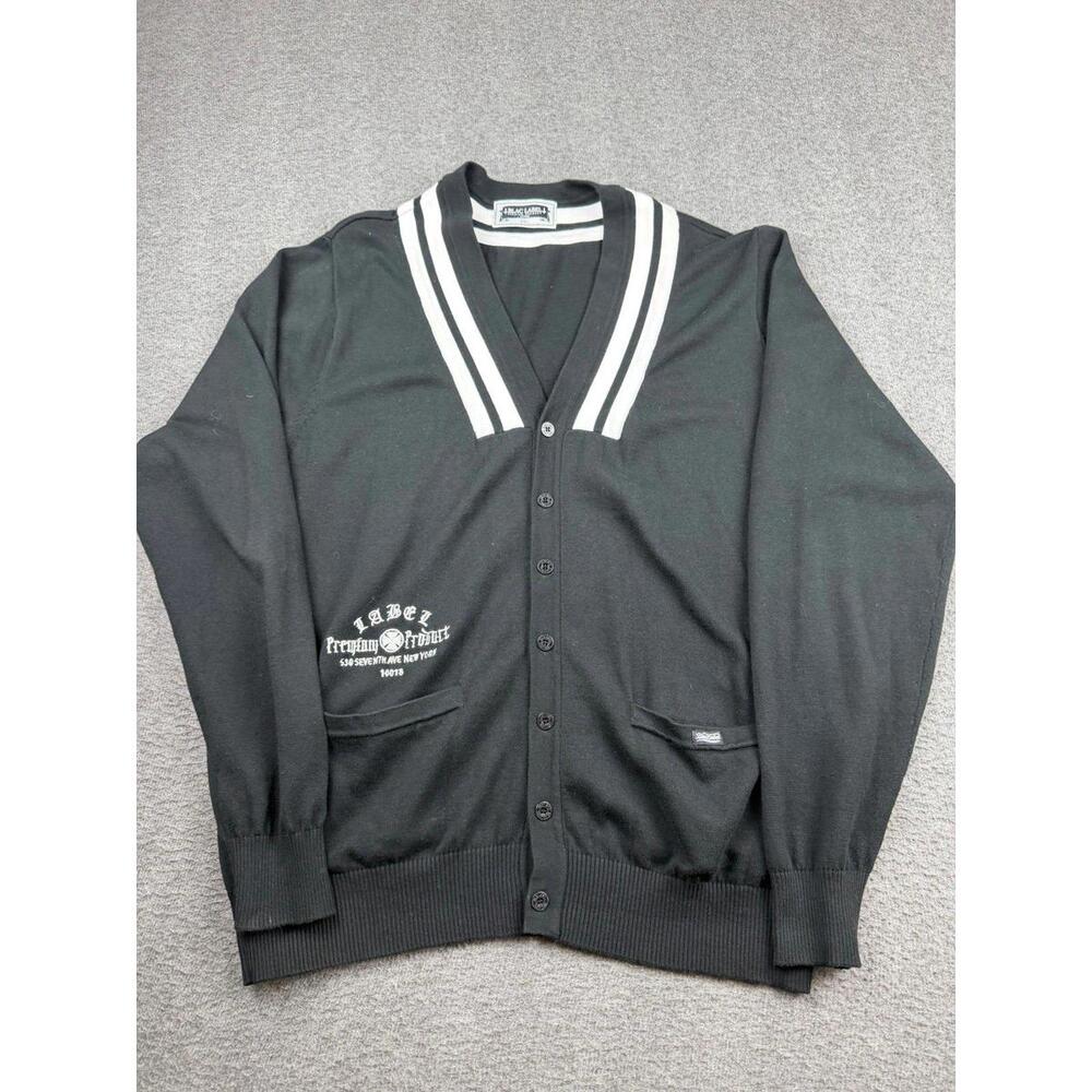 Blac Label Mens Black V-Neck Cardigan Sweater White Stripes Y2K Cotton‎ 2XL